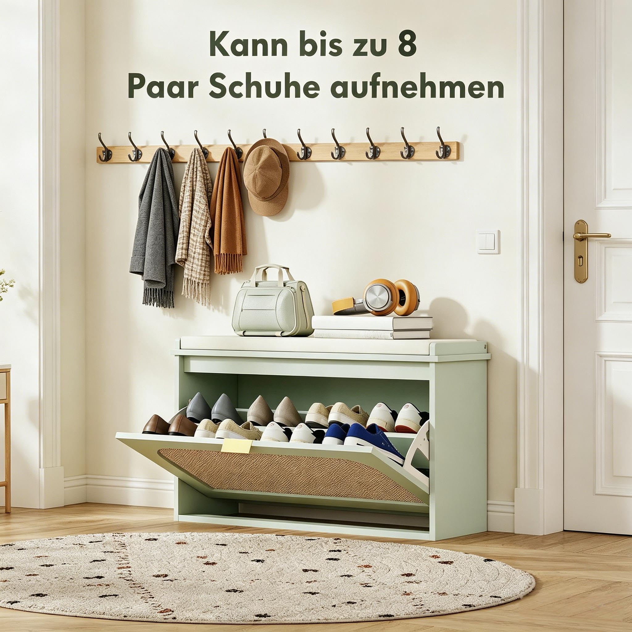 Zapatero de 80 cm, acolchado y compartimento plegable, verde, estrecho, estable, moderno