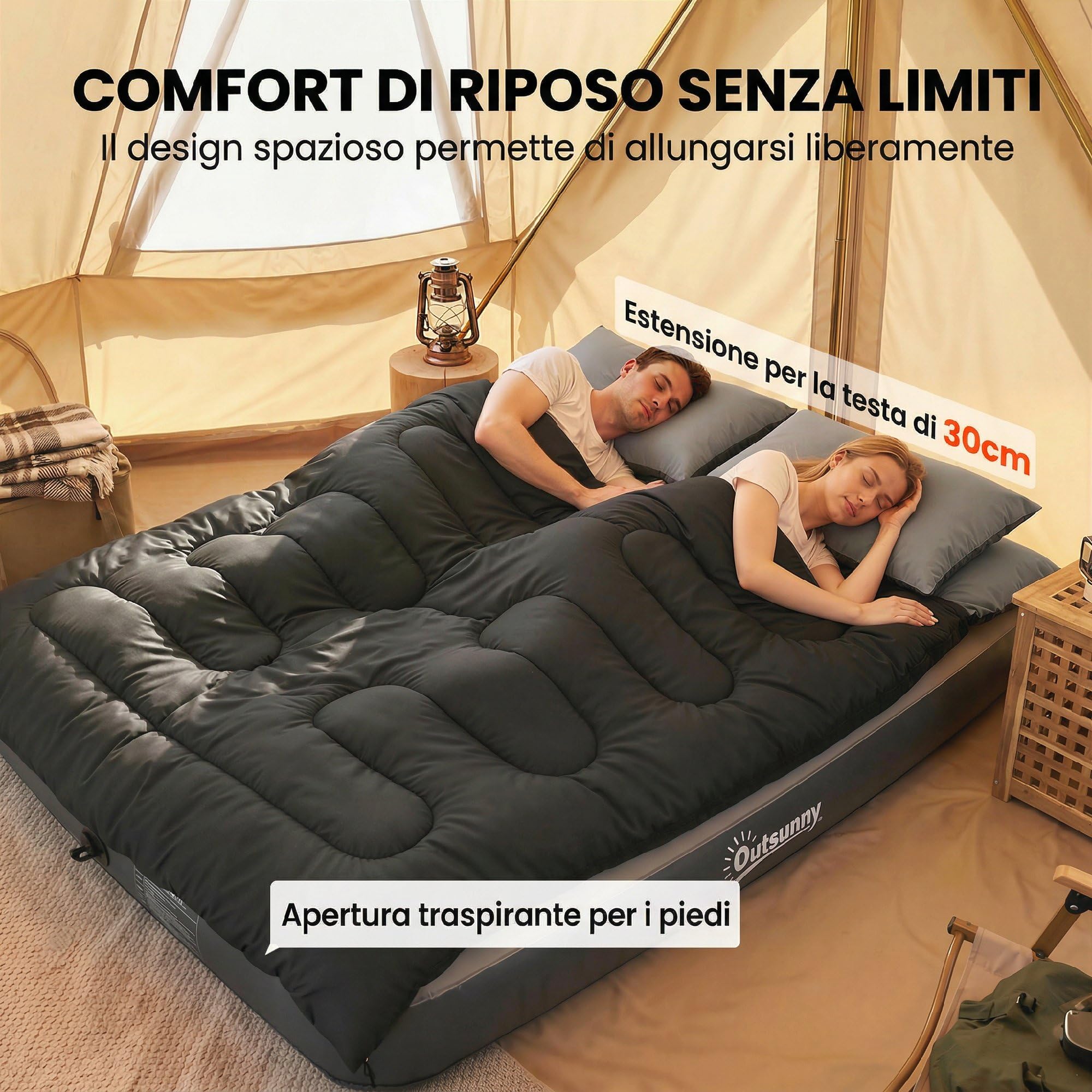 Outsunny Sacco a Pelo Doppio per Adulti, Sacco a Pelo Matrimoniale per 2 Persone, Leggero con 2 Cuscini e Borsa di Stoccaggio, per Climi Freddi e Caldi, Camping, Escursionismo, Zaino, Nero