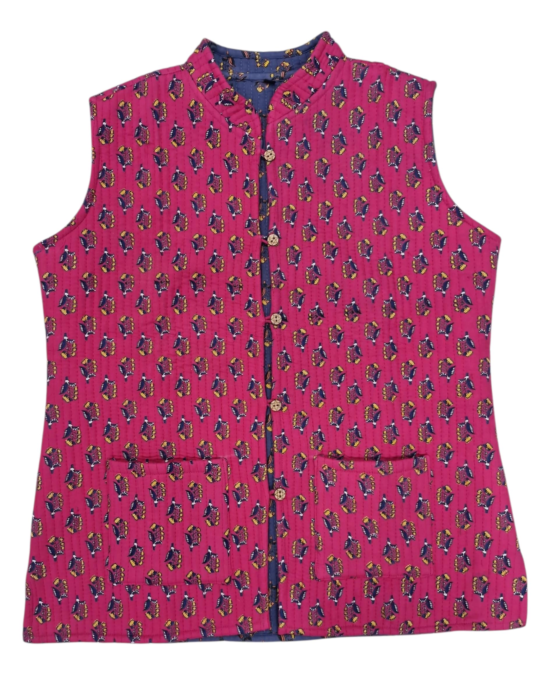 Women's Quilted Sleeveless Jacket, Pink Floral Print, Button Front, Cotton