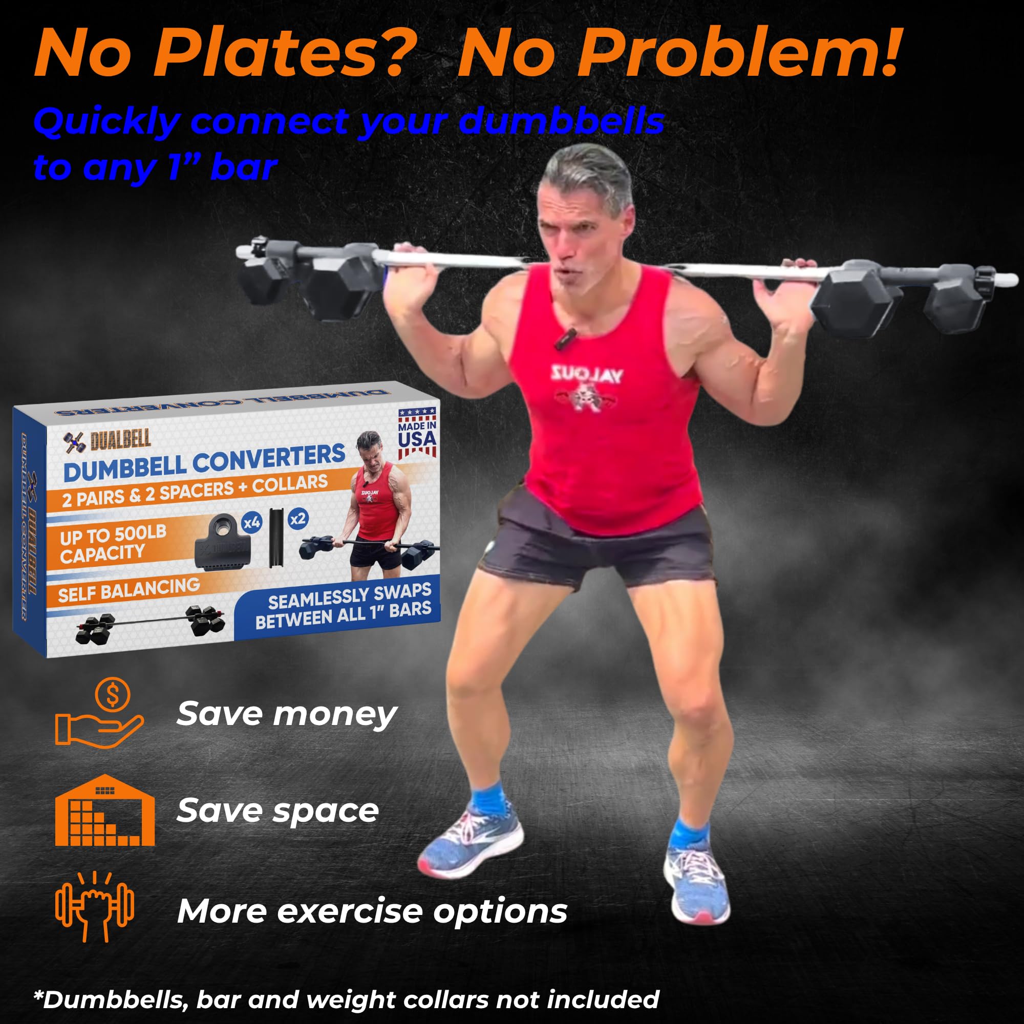 DUALBELL Dumbbell Barbell Converters- Heavy Duty Barbell Adapters, Convert Dumbbells to Barbell, 500lb Capacity, Easy Setup for 1