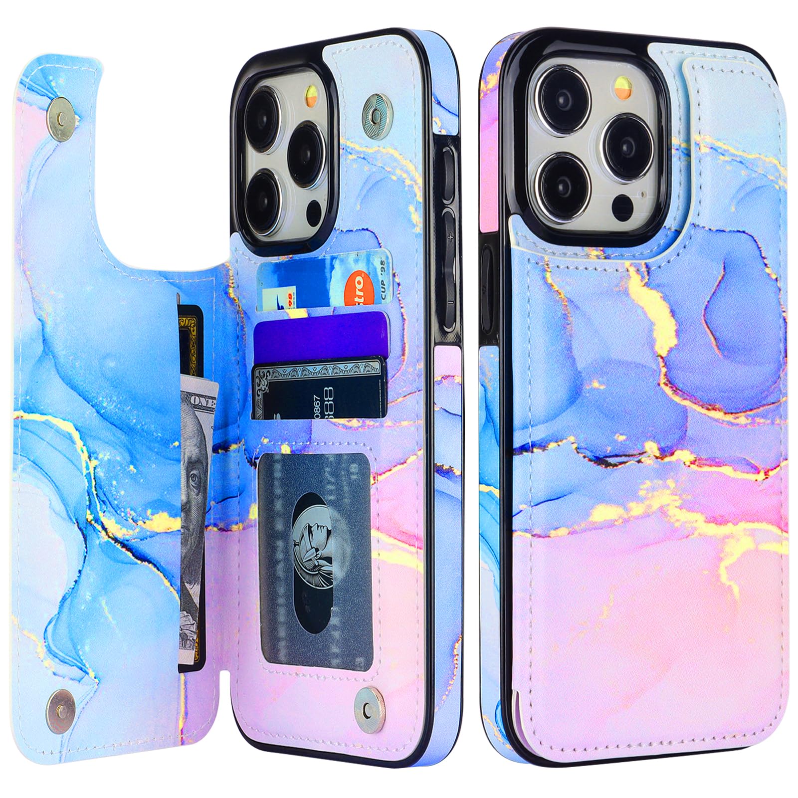 HAOPINSH for iPhone 15 Pro Max Wallet Case with Card Holder, Pink Blue Marble Pattern Back Flip Folio PU Leather Kickstand Card Slots Case for Women
