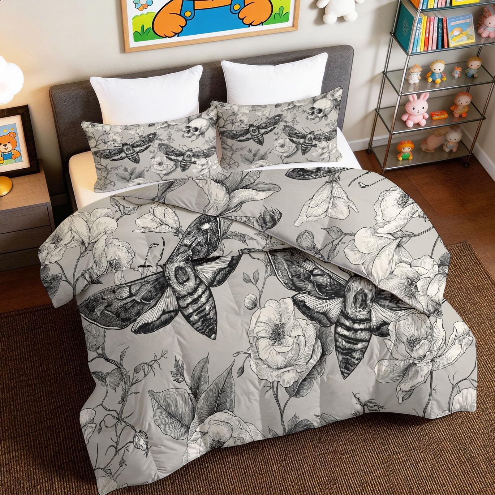 Edredón de 200x200 cm de 4 estaciones con diseño de polilla de la luna y 2 fundas