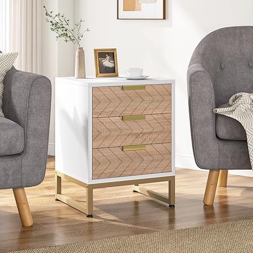 Miniatura 4 de Tribesigns Juego de 2 mesitas de noche de oro blanco, 2 cajones, mesita de noche para dormitorios, mesa auxiliar de madera moderna con diseño de