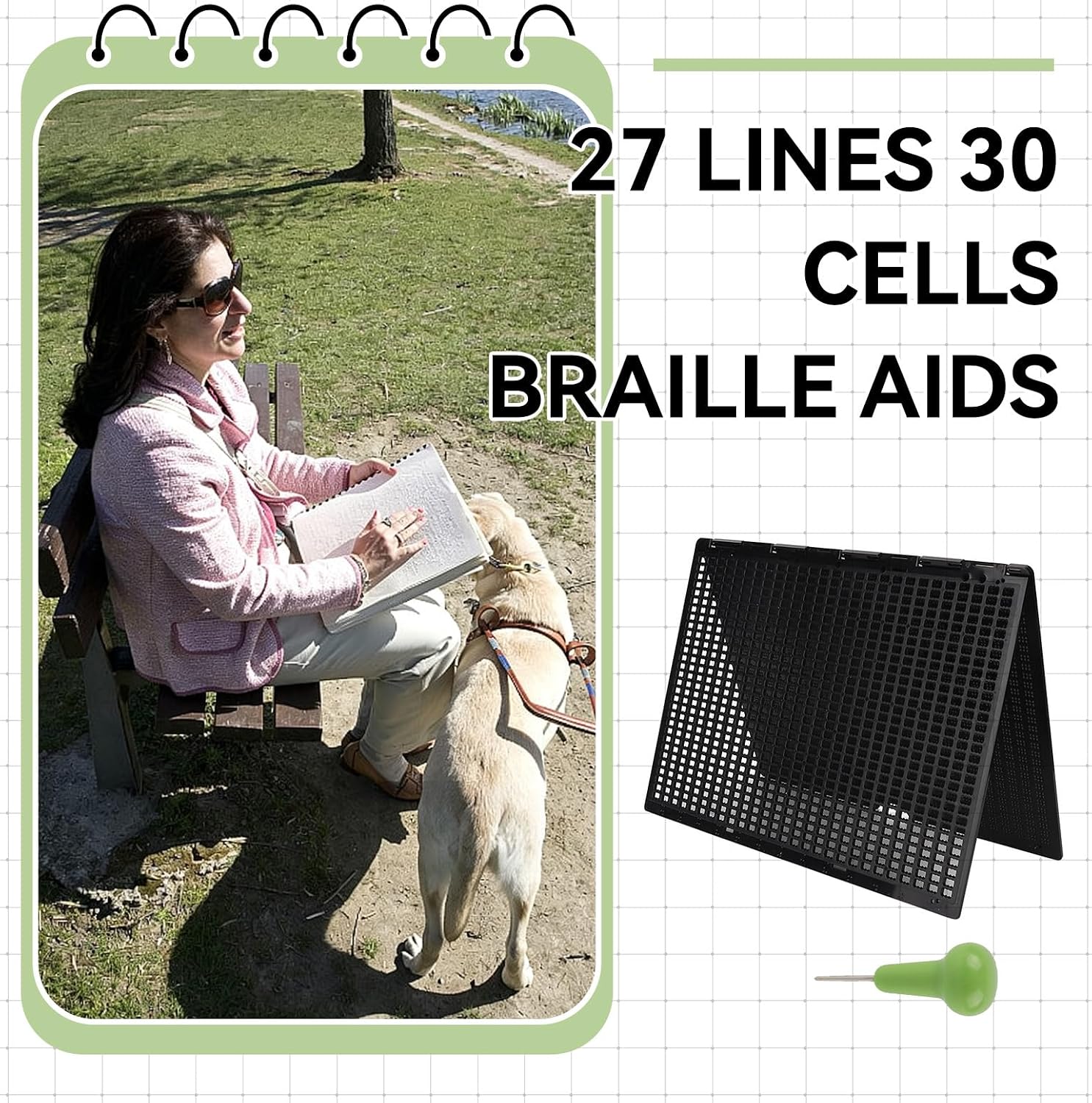 27 Lines 30 Cells Braille Writing Slate with Stylus Portable Braille Fingerboard Writing Learning Tool for Blind and Visually Impaired, 12 x 8.7in