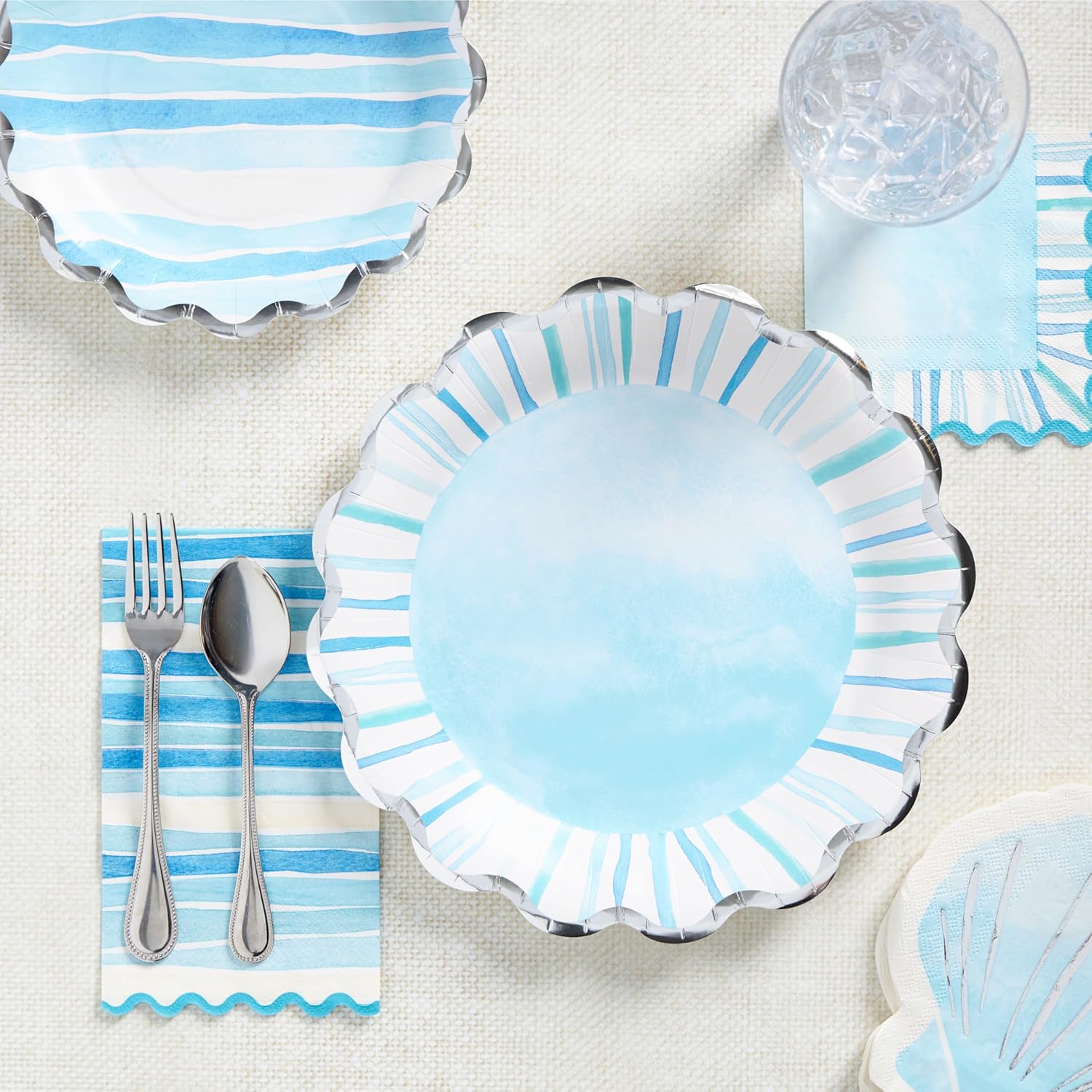 C.R. Gibson Watercolor Coastal Scallop Edge Disposable Paper Dinner Plates, 10.25" Diameter, 8-Count
