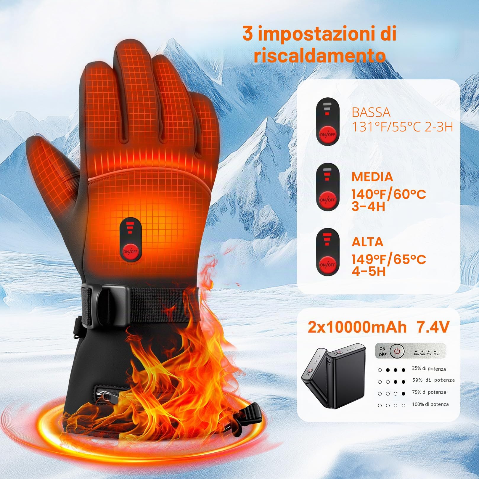 Guanti Riscaldati Moto con 2 Batterie 10000mAh, 7.4V per Riscaldamento Veloce, Impermeabili, Touchscreen, Palmo Antiscivolo, 3 Livelli di Calore - Guanti Invernali Ricaricabili per Uomo e Donna (L)