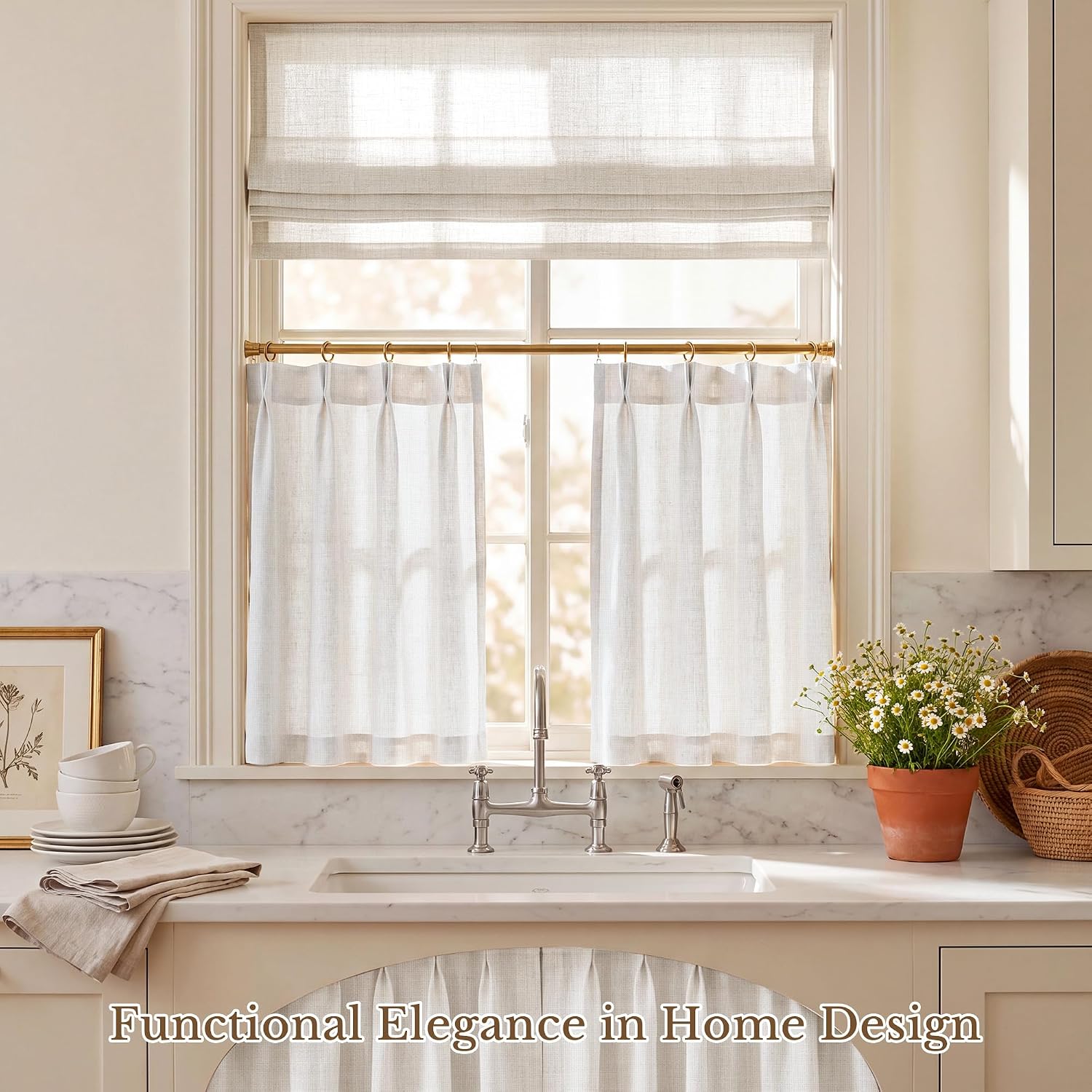 StangH Ivory White Pinch Pleat Linen Cafe Curtains 36 Inches, 2 Panels