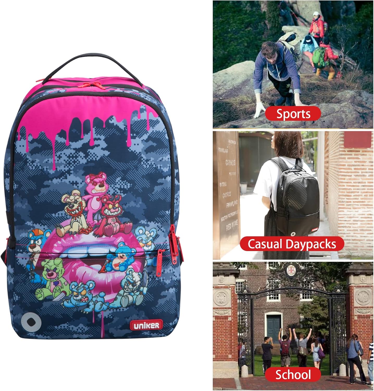 UNIKER Backpack for Girls,Graffiti Backpack for women,School Backpack for Girls, Laptop Backpack for 15.6 Inch,College Bag Computer Bag Pink, 20L