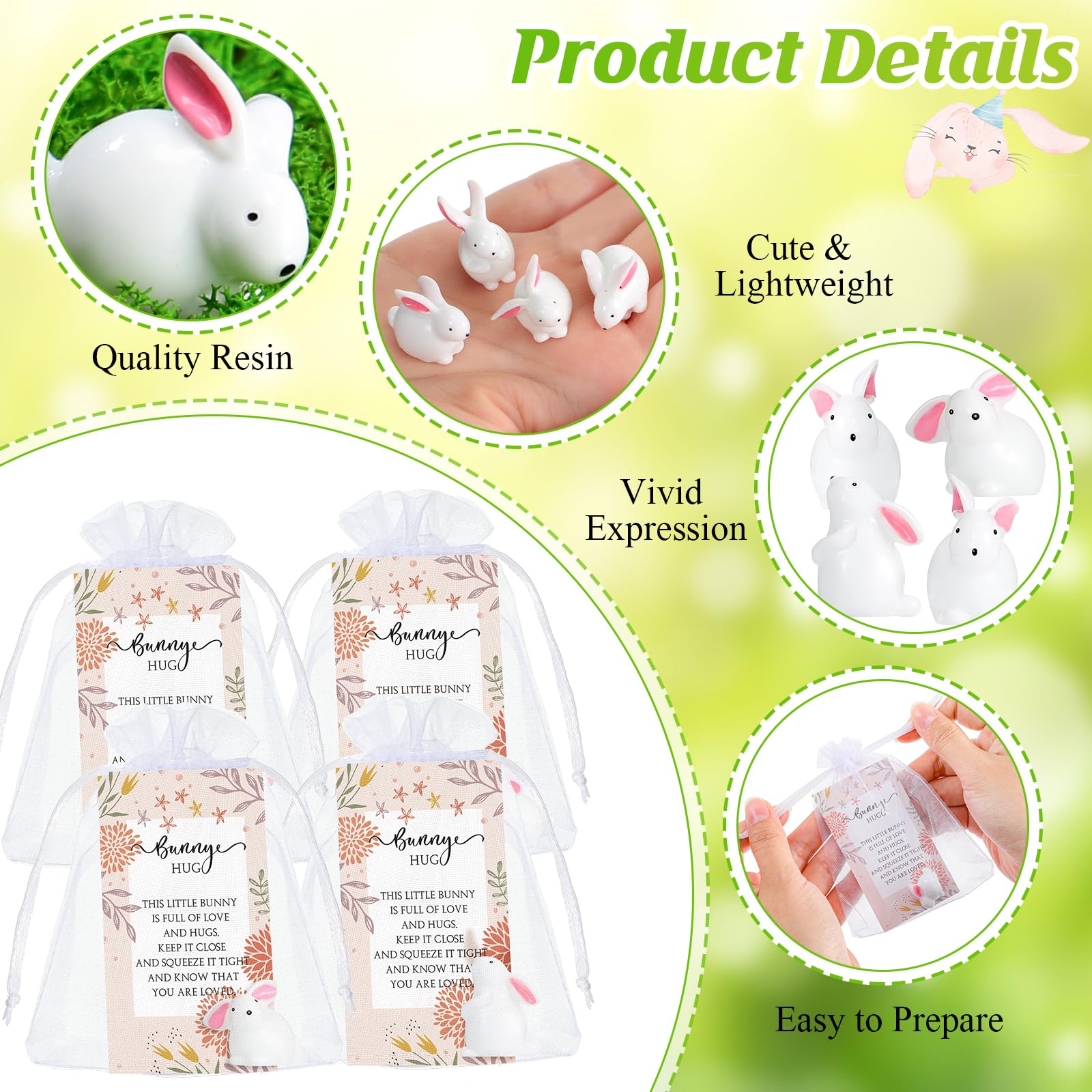 Tatuo 24 Sets Easter Mini Bunnies Mini Rabbit Figurines Wedding Supplies Cake Topper Motivational Bunny Card Gift Bags Hug Inspirational Gift for Easter Party Favors Spring Birthday Supplies