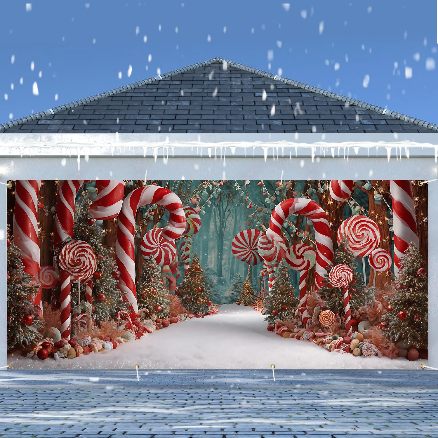 ANNA QUEEN Candy Cane Wonderland Christmas Garage Door Banner 6 x 13FT, Holiday Outdoor Garage Decoration for Parties Home Decor