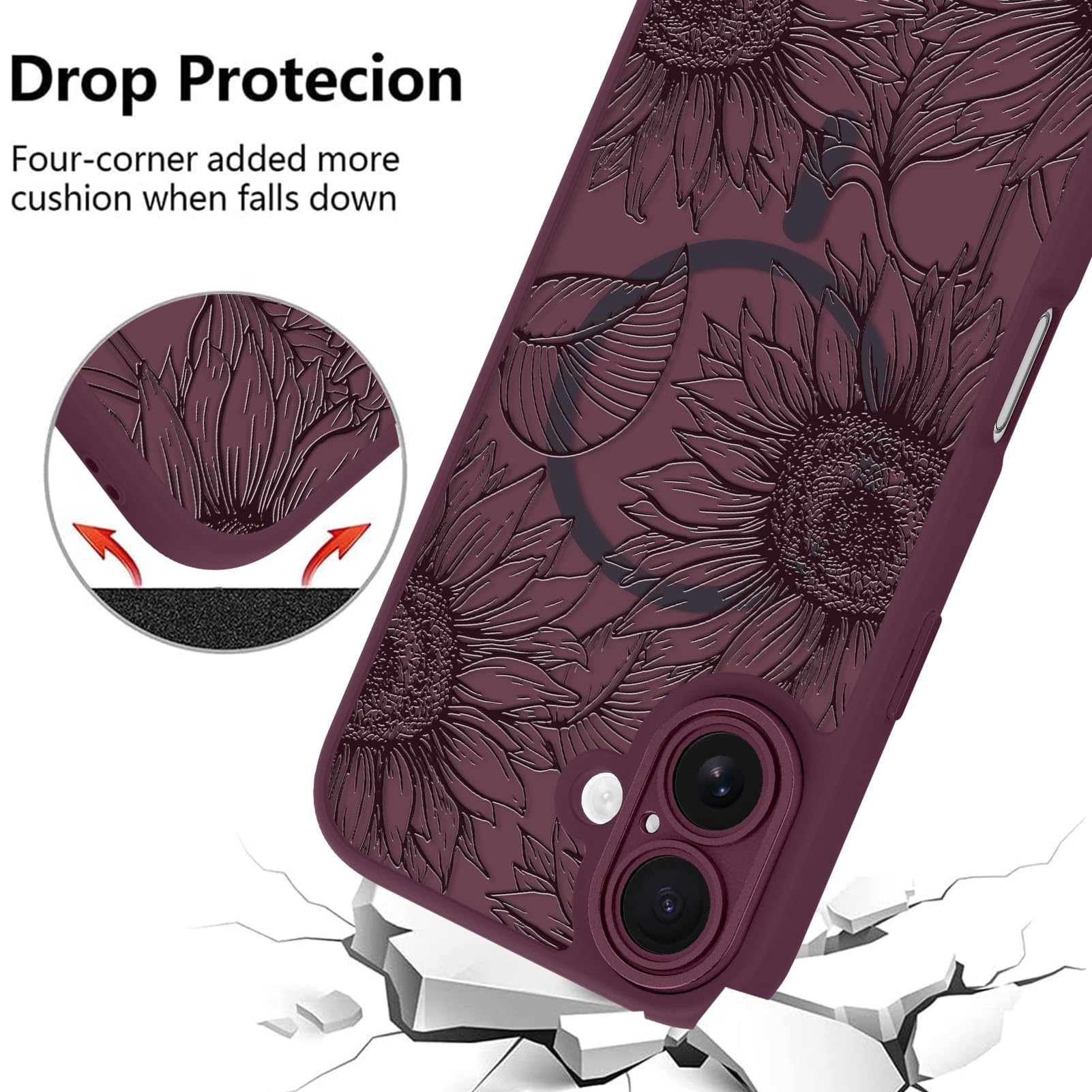 Fiyart Custodia magnetica per iPhone 16 Plus con fiori floreali, girasole
