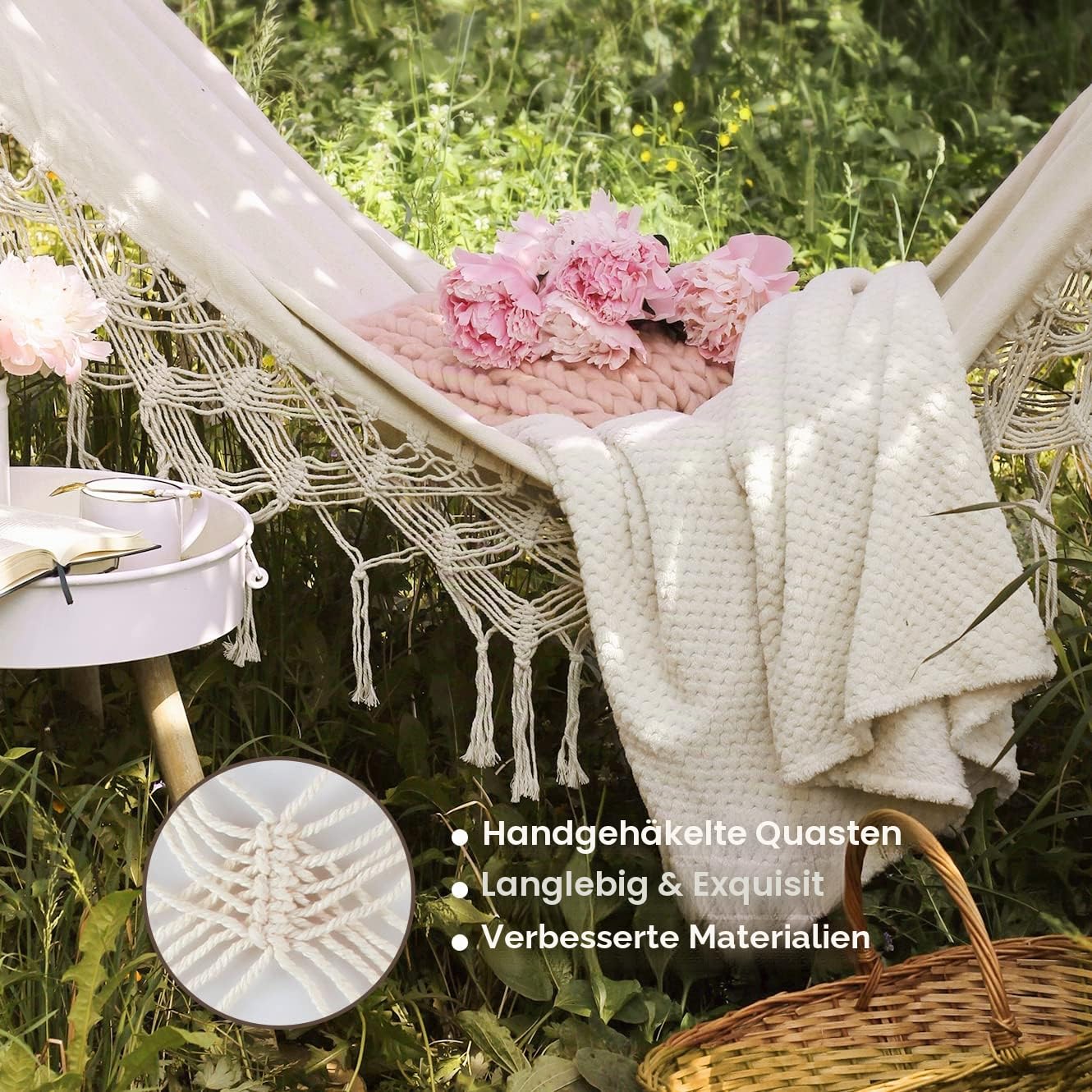 Hängematte Outdoor Boho-Stil für Garten, Balkon, Terrasse, Indoor, mit gebogener Holzstange, Befestigungsgurte und Tragetasch