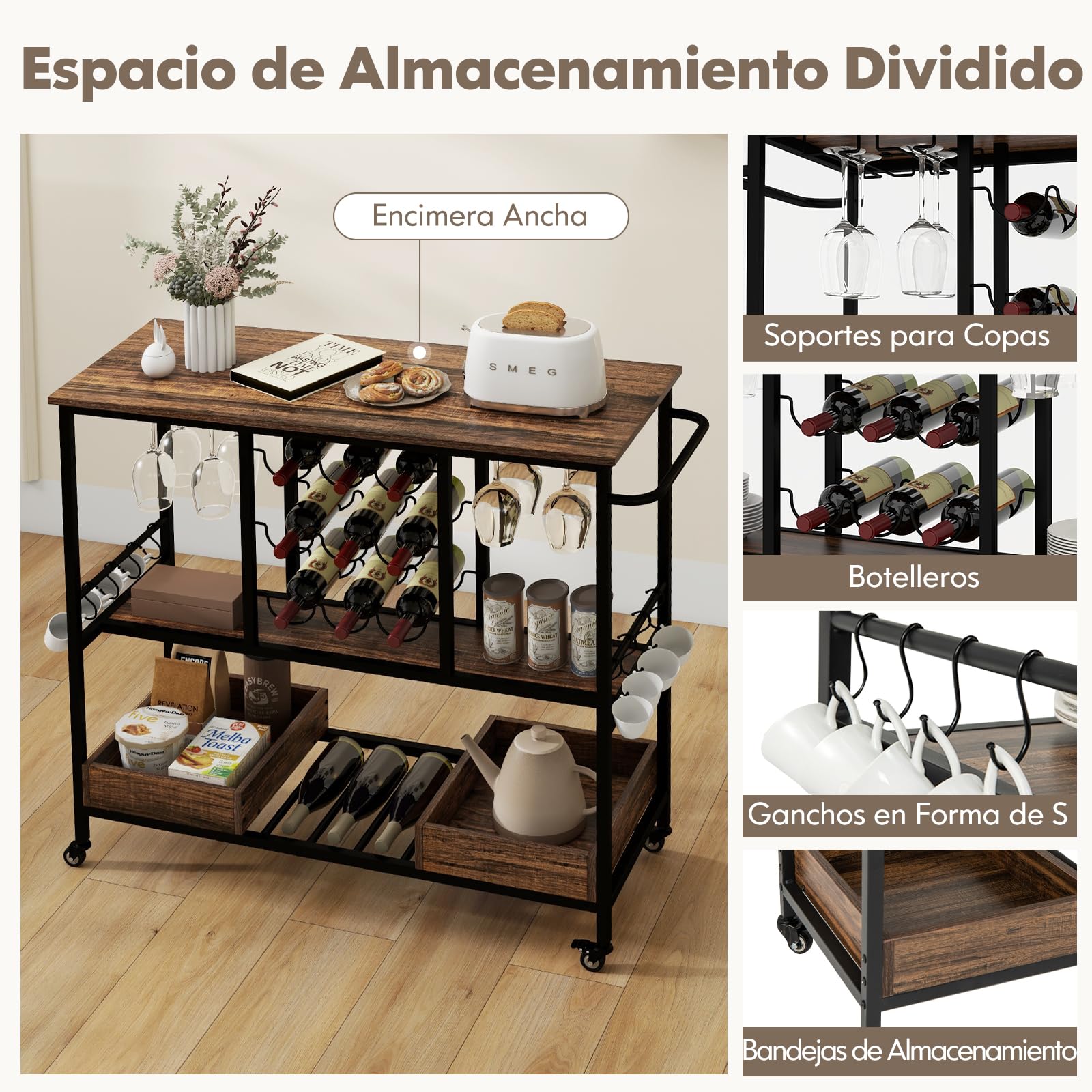 GIANTEX Carro de Servicio Industrial de 3 Niveles, Carrito de Cocina con Portavasos, Soporte para Botellas, 2 Bandejas Inferiores, Ruedas Universales con Cerradura para Comedor (Marrón)