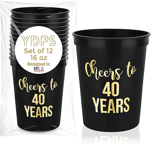 Tazas decorativas de cumpleaños de Cheers to 40 años, paquete de 12, 16 onzas cada una, tazas de 40 cumpleaños, recuerdos de fiesta para mujeres y