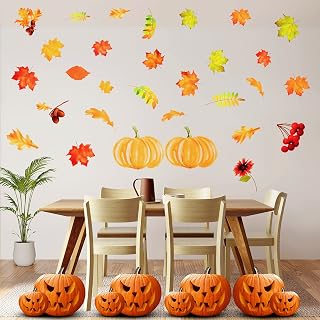 3 Pieces Fall Thanksgiving Wall Stickers Maple Leaves Pumpkin Wall Decals Fall Thankful Harvest Wall Art Decor for Thanksgiving Party Home Office Decorations