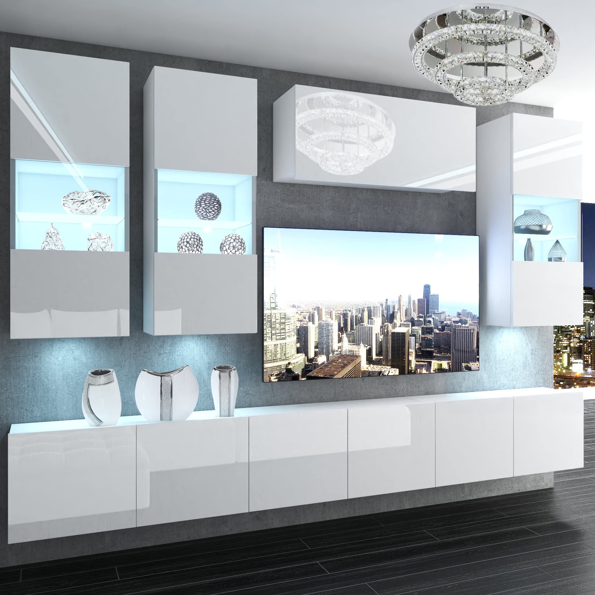 Belini - Set completo da parete per soggiorno, moderno, con illuminazione a LED, colore: Bianco