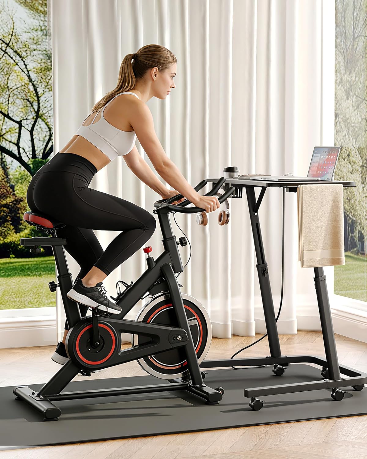 Adjustable Height Standing Desk for Walking Pad, Mobile Treadmill Desk with Power Socket, Cup Holder, Portable Rolling Laptop Table with Wheels for Home Office Work Bike Cycling Trainer, Black