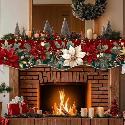 Miniatura 7 de Bufanda de Navidad para chimenea, cubierta decorativa para Navidad, invierno, mantel superior (flor de pascua con borde dorado, 70 pulgadas de largo