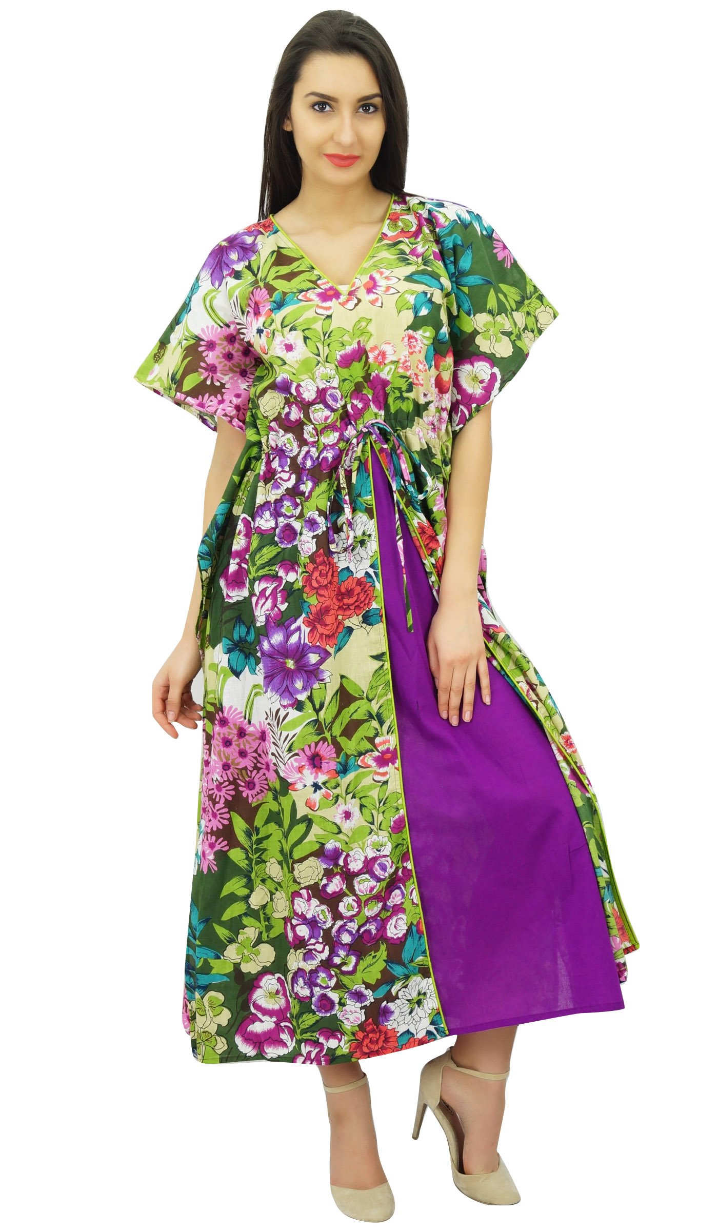 Bimba Exclusive Rayon Maxi Kaftan Chic Coverup Dress Drawstring Waist Night Wear Green and Purple