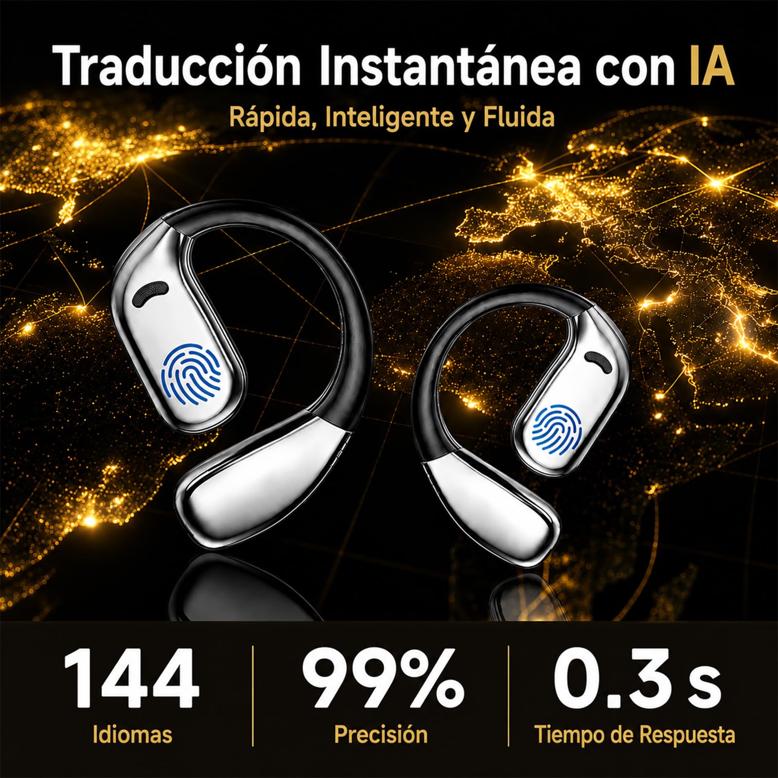 Auriculares traductores con IA en Tiempo Real: Dispositivo de traducción 3 en 1 con 144 Idiomas, traductor español-inglés, Auriculares traductores de oído Abierto para Viajes y Aprendizaje