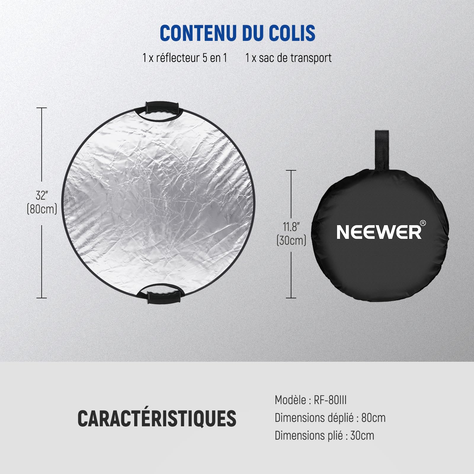 NEEWER 80cm Réflecteur de Lumière,Diffuseur de Lumière Multi-disques Pliable 5 en 1,Translucide/Argenté/Doré/Blanc/Noir,avec Poignées,Filetage 3/8"et Chiffon Nettoyage pour éclairage Extérieur,RF-80II