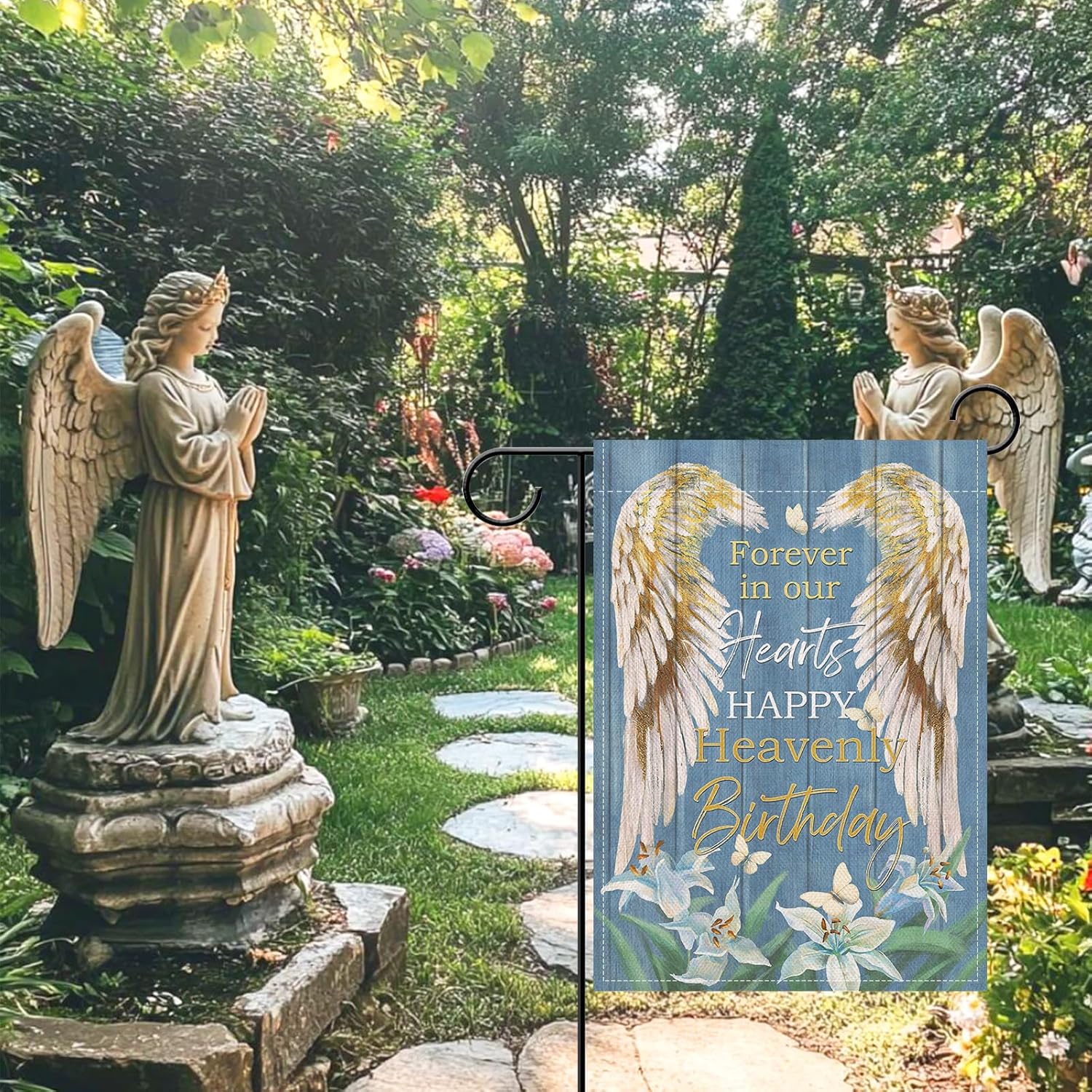 Artofy Memorial Forever in Our Hearts Wings Small Decorative Garden Flag, Happy Heavenly Birthday Lily Cemetery Yard Lawn Outside Decor, Farmhouse Burlap Outdoor Home Decoration Double Sided 12 x 18 - Image 6