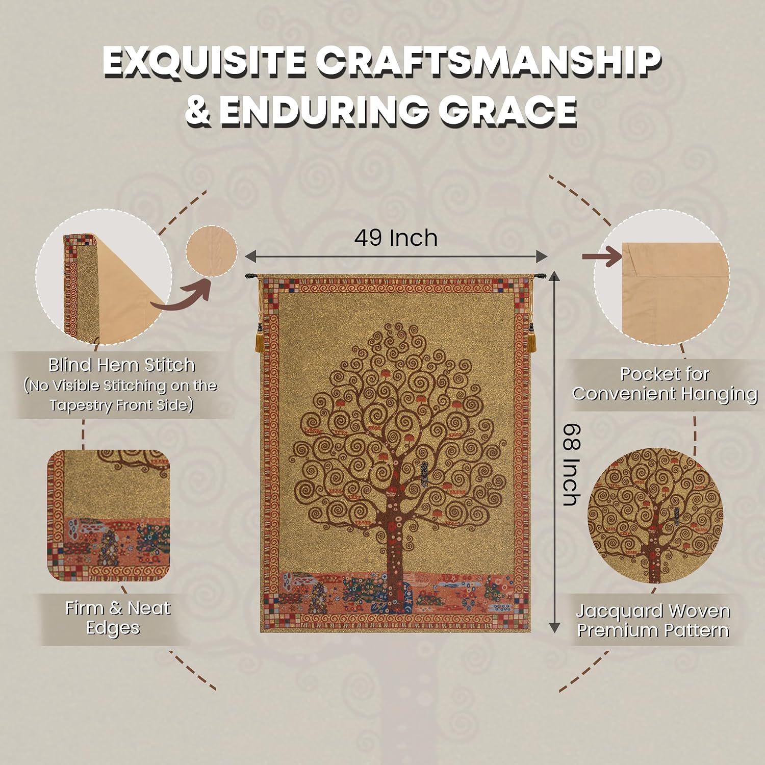 C Charlotte Home Furnishings Inc Tree Of Life Belgian Tapestry Wall Hanging | Viscose Cotton and Polyester Blend Wall Art | 49 in. x 68 in. | Home Decor Accents | Inspired by Gustav Klimt