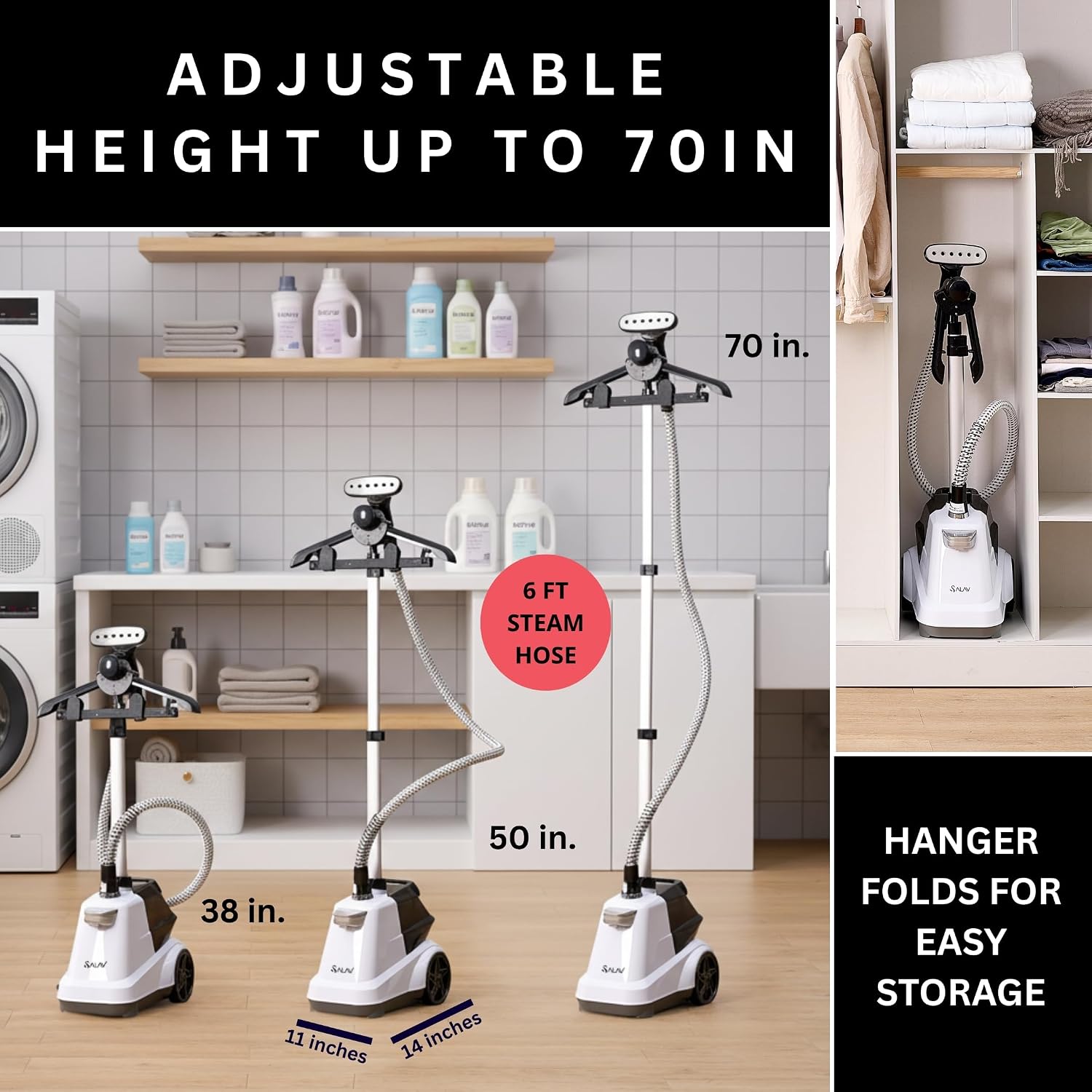 SALAV Heavy Duty Commercial Full-Size Garment Steamer with Foot Pedals and Extra Large 3L (101.5 oz) Water Tank, 1800 watts, 90+min of Continuous Steam (White) - Image 9
