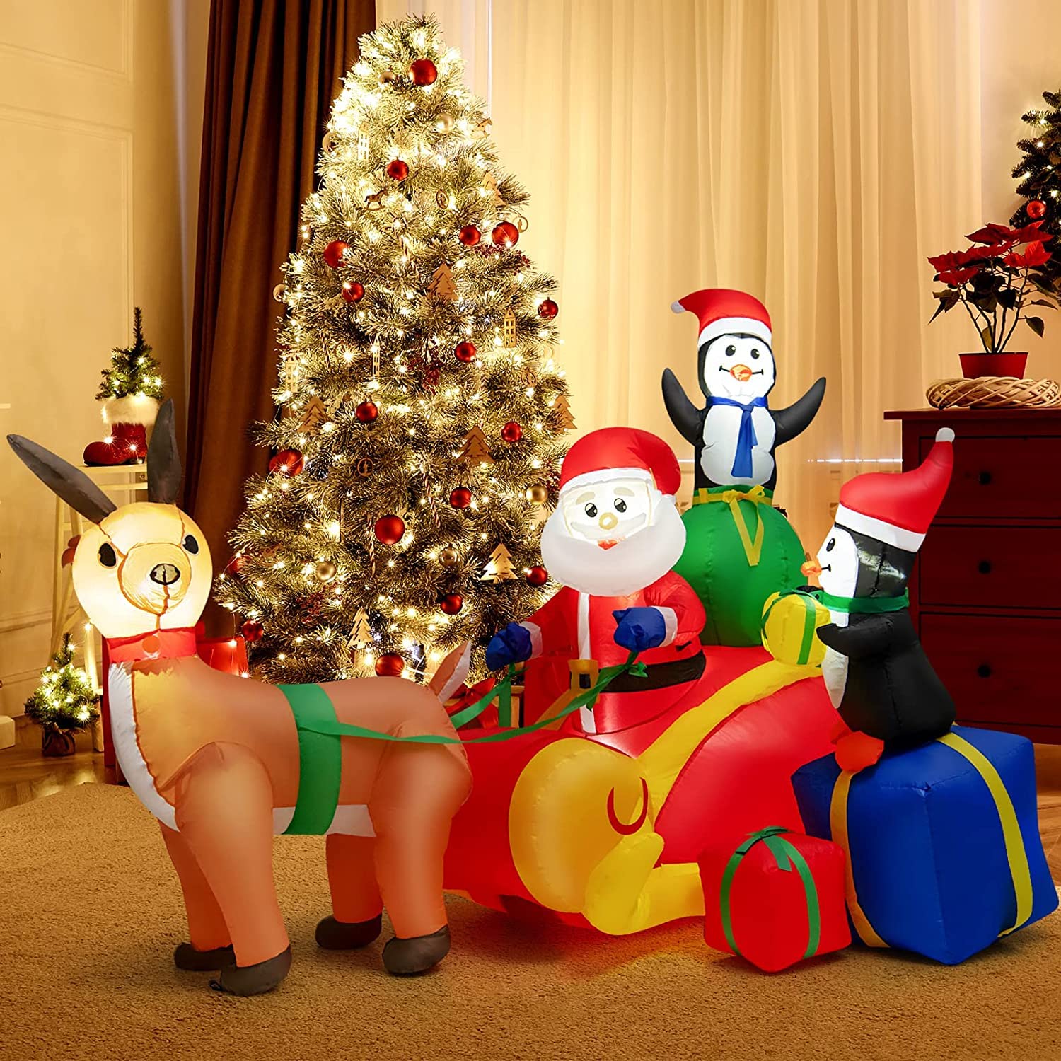 COSTWAY Aufblasbarer Weihnachtsmann mit Schlitten, LED Weihnachtsdekoration mit 2 Pinguinen, Geschenkboxen, Winterdekoration Weihnachtsbeleuchtung für Hof, Rasen, Garten, Party, Selbstaufblasend