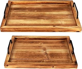 Besti Rustic Vintage Food Serving Trays (Set of 2) | Nesting Wooden Board with Metal Handles | Stylish Farmhouse Decor Serving Platters | Large: 15 x2 x11” - Small: 13 x2 x9” (Rustic Light Brown)