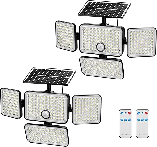Miniatura 11 de Luces solares de 4 cabezales impermeables para exteriores, 3000 lúmenes, 6500 K, luz de movimiento solar para exteriores con control remoto, 3