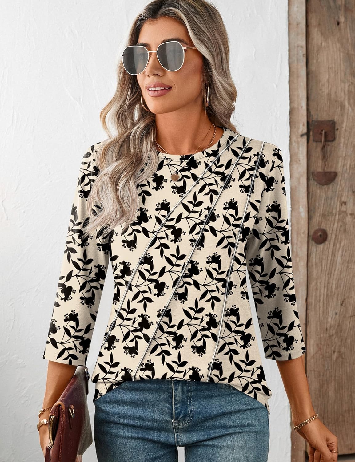 LOMON 3/4 Length Sleeve Womens Tops Spring Summer Fashion 2026 Tops Crew Neck Pleated Shirts Tunic Top Loose Fit - Image 3