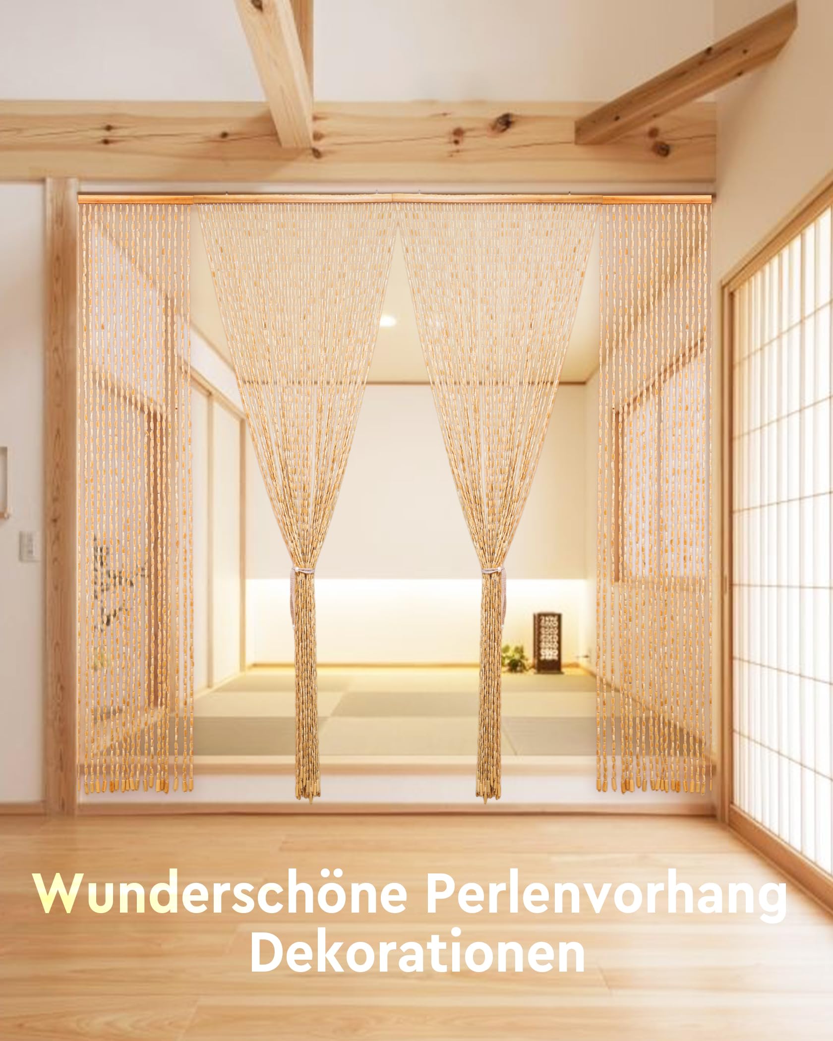 Cortina de Perlas de Madera 90 x 200 cm - 52 Hebras Beige Retro Hecha a Mano Natural - Protección Contra Insectos para Dormitorio, Caravana