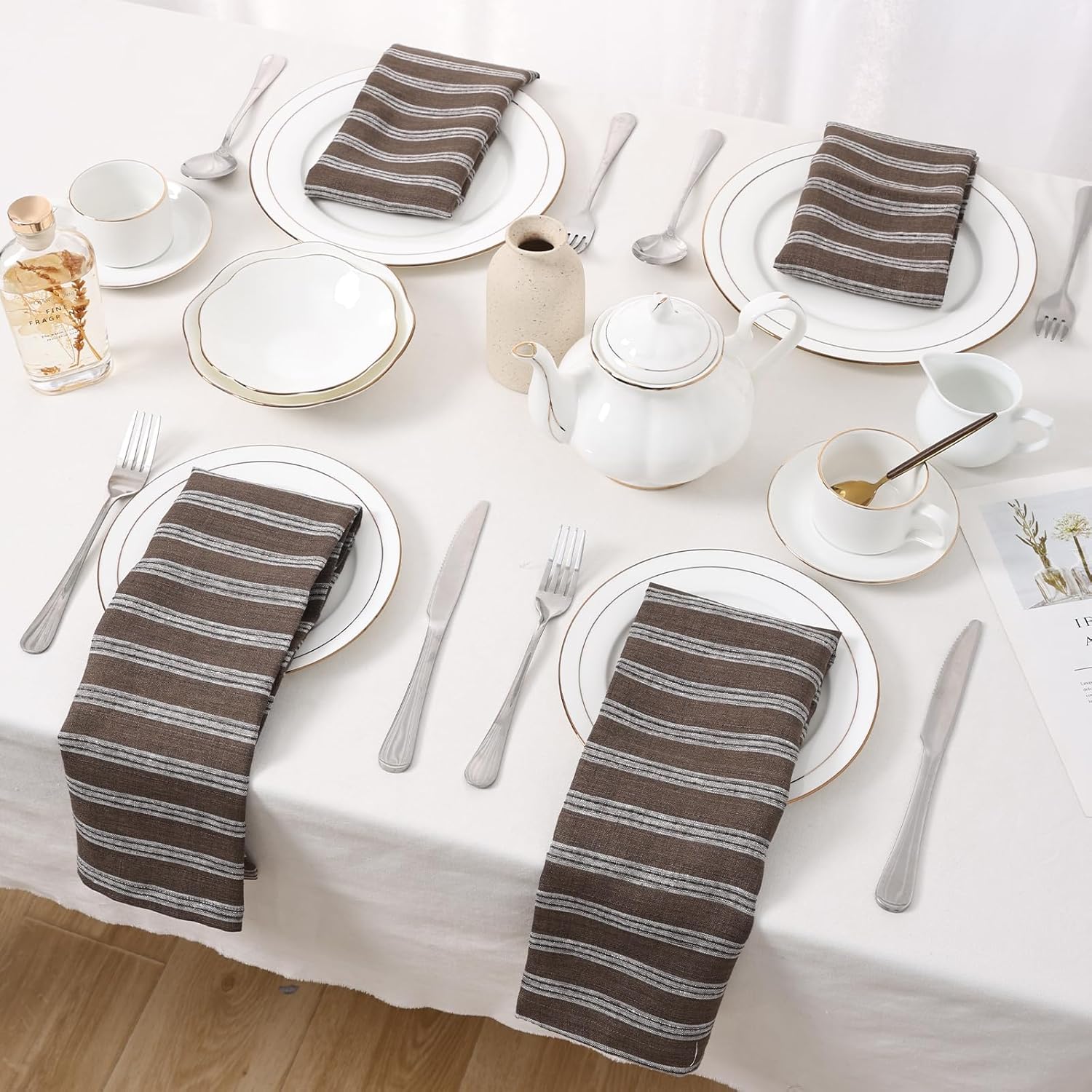 Linen Striped Cloth Napkins 20 x 20 Inch - 100% Natural Linen Dinner Napkins Set of 4 Reusable and Washable for Everyday Dining Decor Holiday,Coffee Ash White