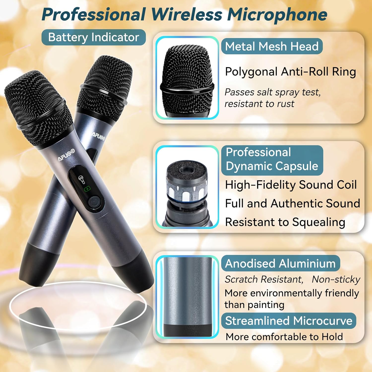 Wireless Microphone Set for Singing, Karaoke & Events, Dual-Mic Receiver, Storage Case Included, Handheld Metal Cordless Mic 2 Pack for Karaoke Machines, PA Systems, Amplifier, Gray