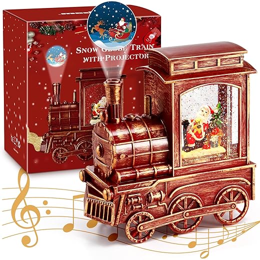 IPOW Christmas Santa Globe Lantern Train with Santa Sleigh Projection, Water Swirling Glitter Musical and Lighted USB Powered & Battery Operated Music Box for Christmas Home Decoration Gift
