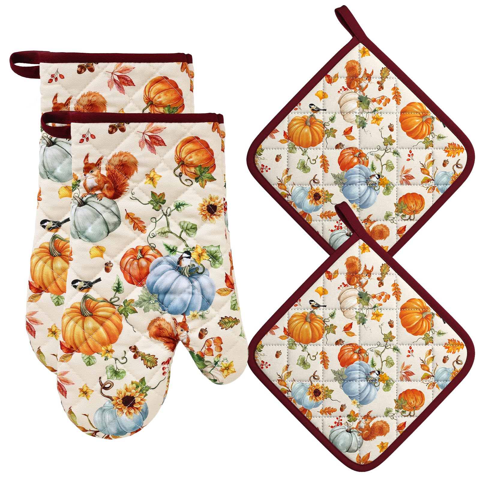 Arquiel Autumn Pumpkin Oven Mitts and Pot Holders Sets, 100% Cotton, 4pcs