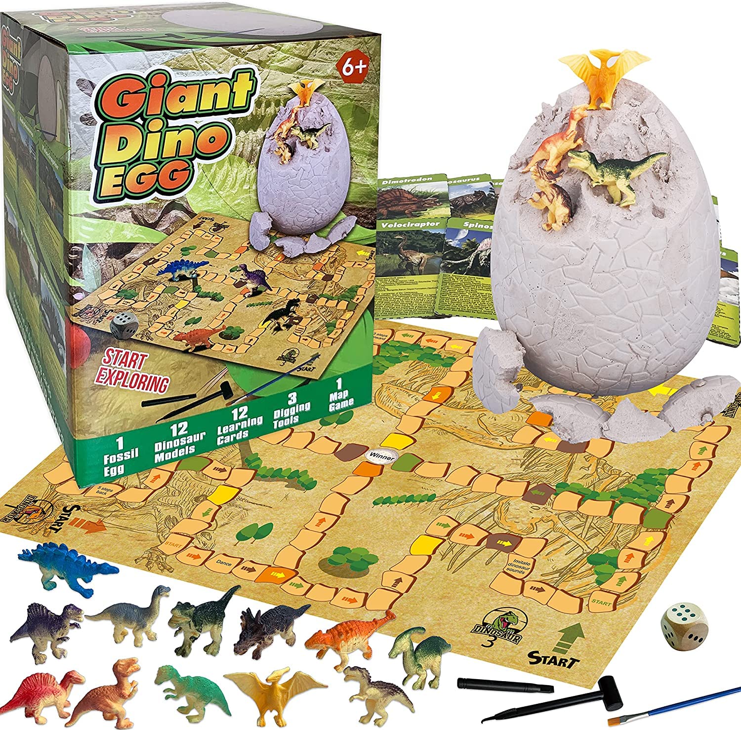 Buy KidadoDino Egg Dig Kit, One Big Fossil Egg With 12 Dinosaurs Models, 12 Learning Cards, 3