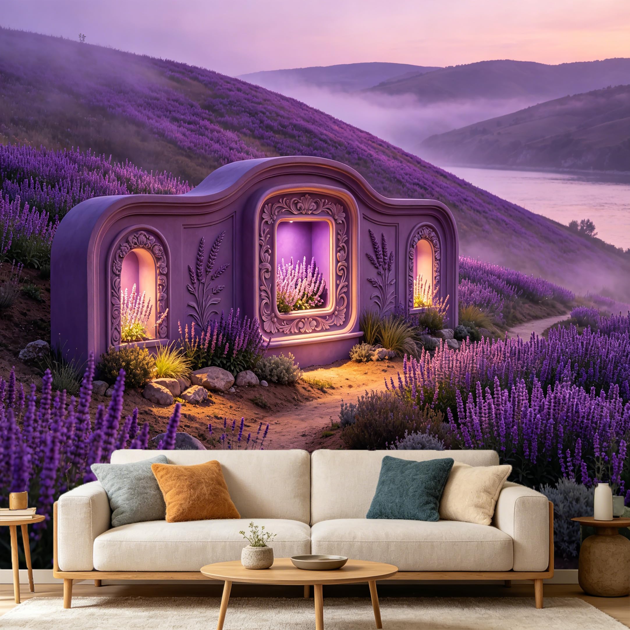 Custom Size Wall Mural， Purple Floral Lavender Field Archway Scenic Landscape， SelfAdhesive Art Prints wall Fabric Removable Large Wallpaper Home Living Room Decor