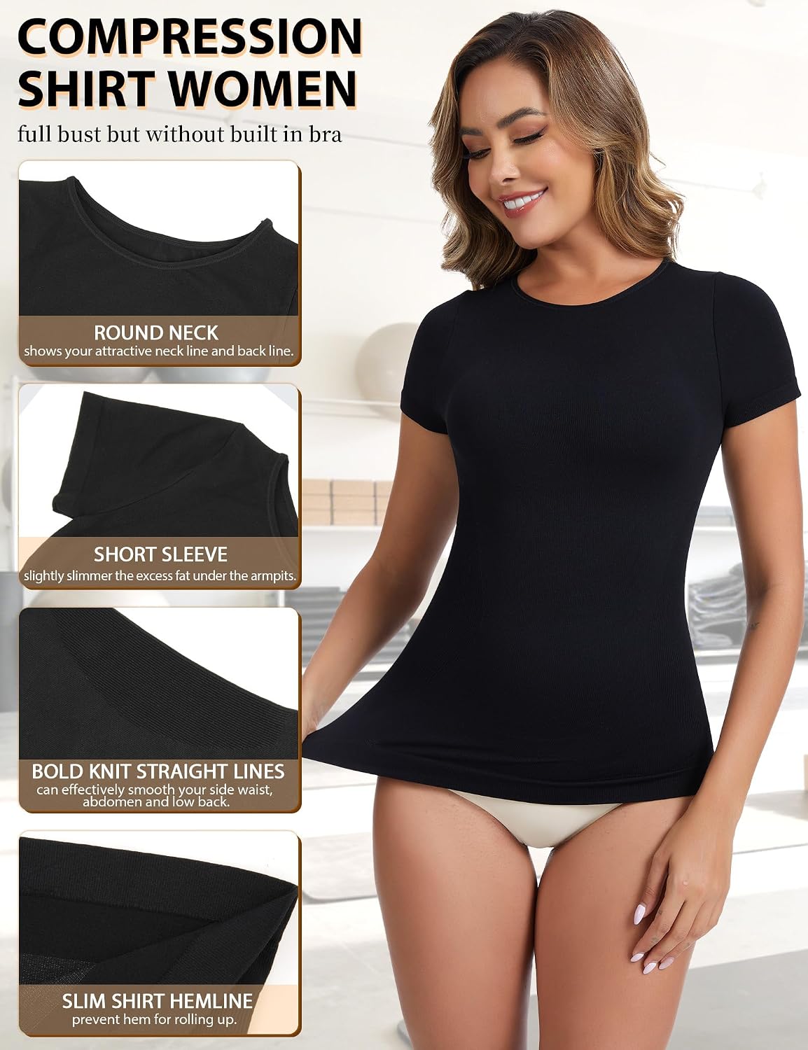 MISS MOLY Compression Shirt Women Tummy Control Shapewear Tanks Scoop Neck Short Sleeve Slimming Top Camisole Undershirt