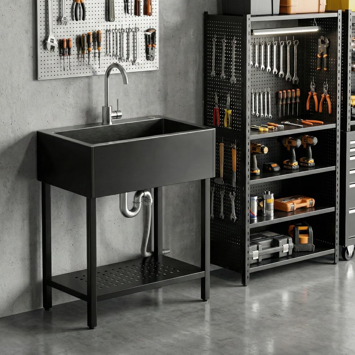 Utility Sink Laundry Tub, 26" Stainless Steel Freestanding Sink with 12-Gallon Oversized Basin, Clog-Free Design for Garage, Laundry Room, Basement, Backyard, Quick 10-Min Single-Person Installation