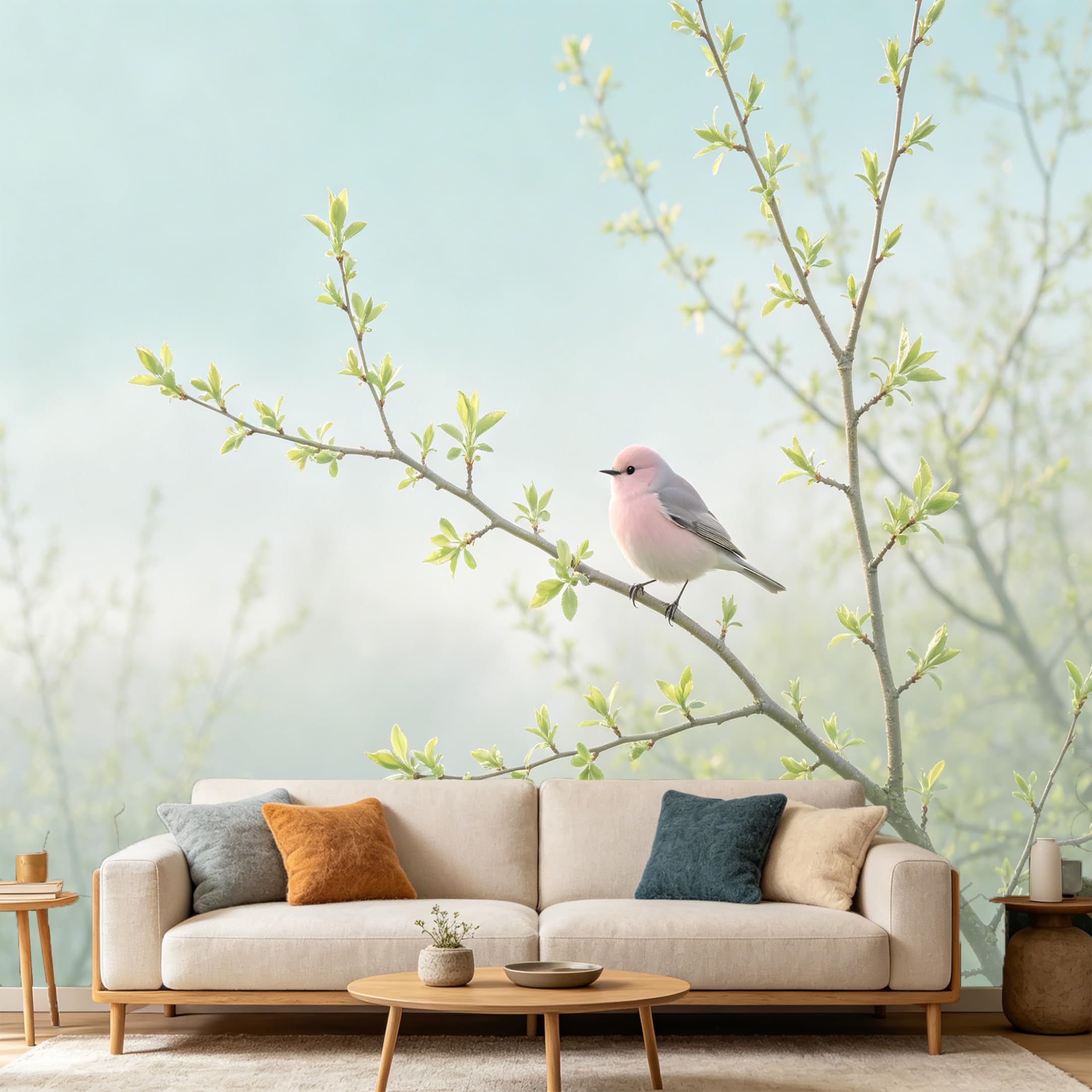 Custom Size Wall Mural Botanical Pink Bird on Spring Branch Minimalist Watercolor SelfAdhesive Art Prints wall Fabric (No PVC) Removable Wallpaper Home Bedroom Decor