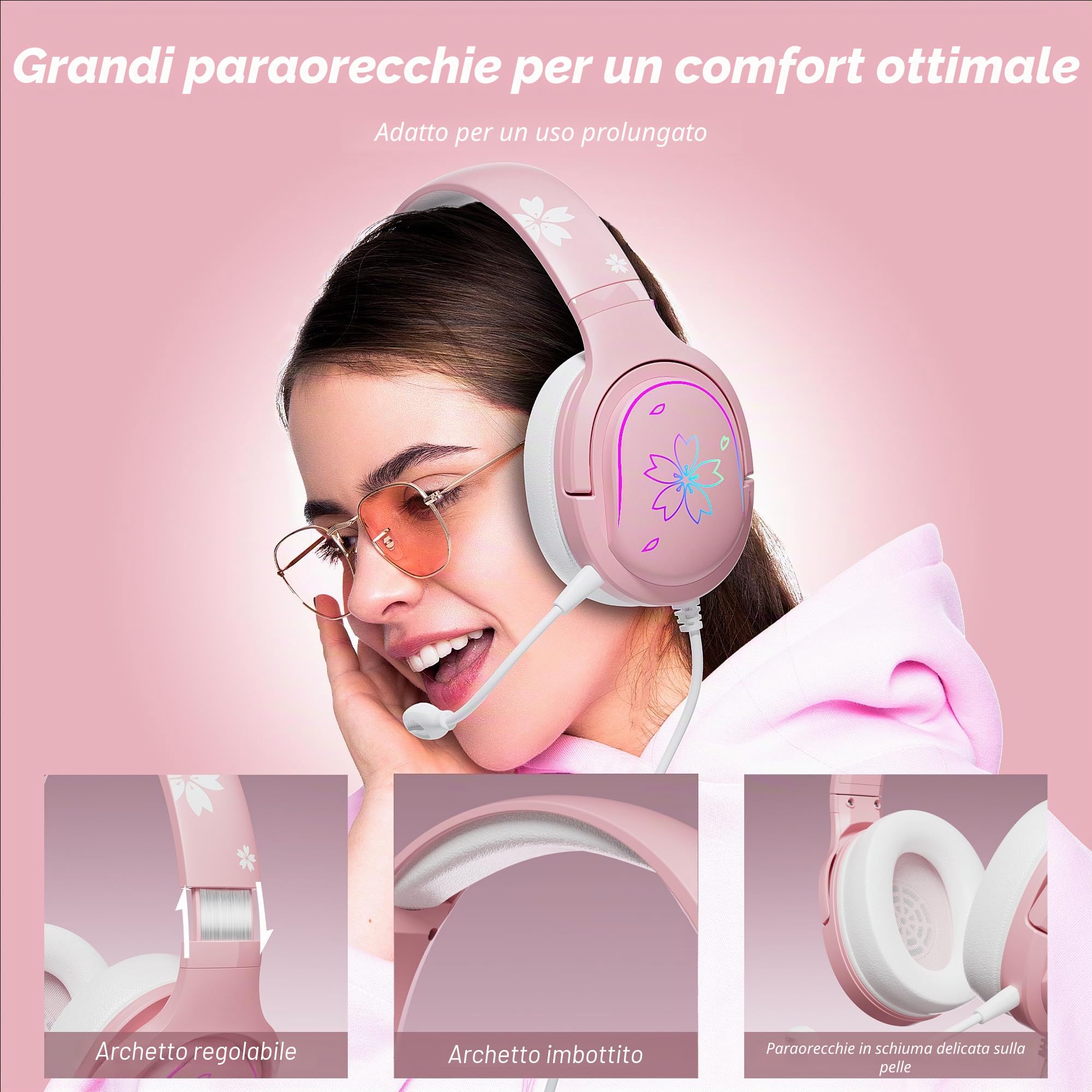 Mytrix Cuffie rosa con LED RGB che si illuminano carine cuffie per bambini cablate con microfono, cuffie regolabili over-ear per ragazze, cuffie per interruttore/PC/telefono/iPad/studio/viaggi