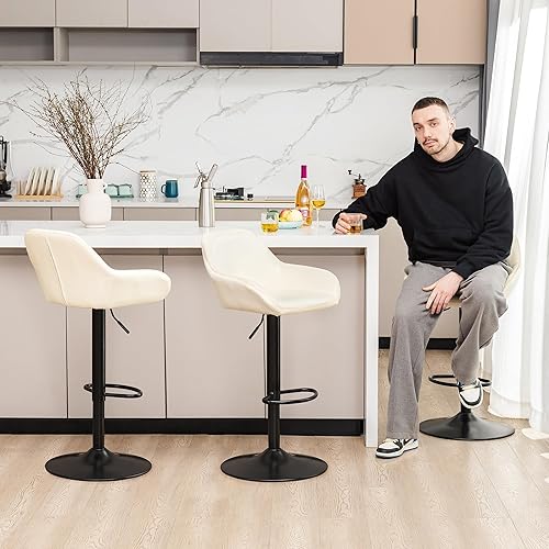 Miniatura 40 de Glitzhome Mid Century - Juego de 2 taburetes de bar ajustables de cuero giratorio vintage con respaldo y reposapiés, taburetes de bar modernos de