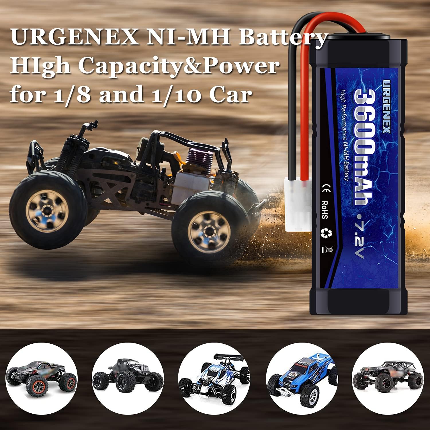 URGENEX 7.2V RC Battery 3600mAh RC NiMH Battery with Tamiya Connector for RC Car RC Truck RC Traxas Boat Associated HPI Losi Kyosho Tamiya Hobby 2 Pack : Toys & Games