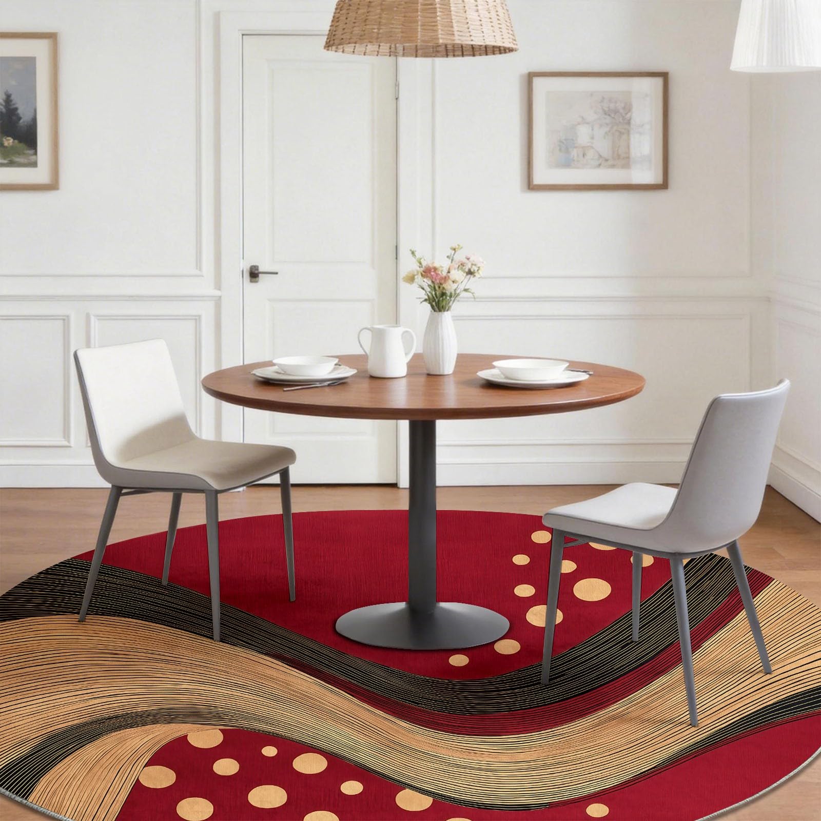 Tapis Rond 120 cm, Abstrait Circulaire Rayé Rouge Lavable et Antidérapant, Tapis de Sol Doux pour Chambre, Salon Cheminée et Salle de Jeux, Décoration Intérieure