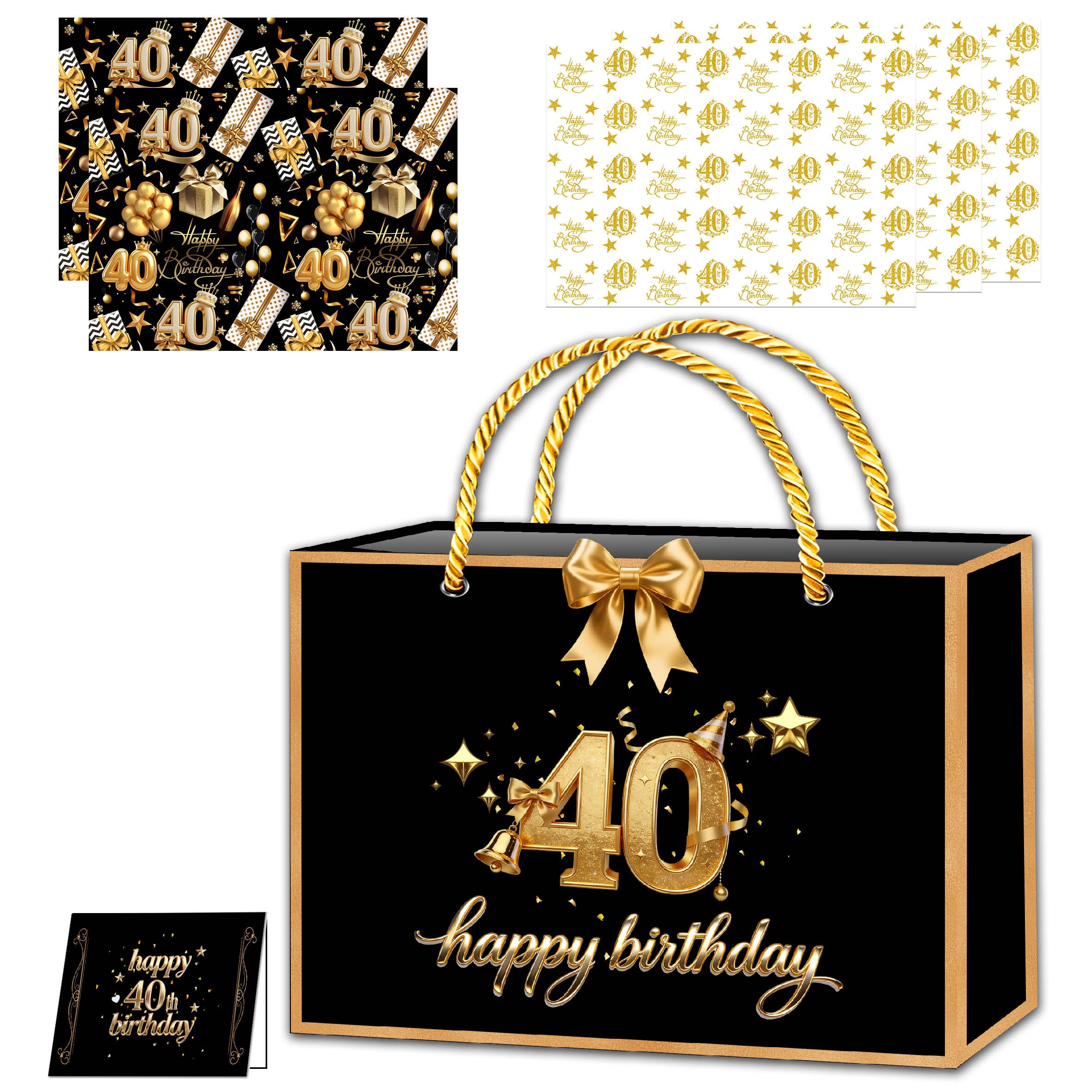 Black Gold 40th Birthday Gift Bag with Handles, 40th Birthday Gift Bag 40thBirtday Wrapping Paper,Tissue Paper,Ribbon and Birthday Card for Girls Women Birthday-Gifts Wrapping