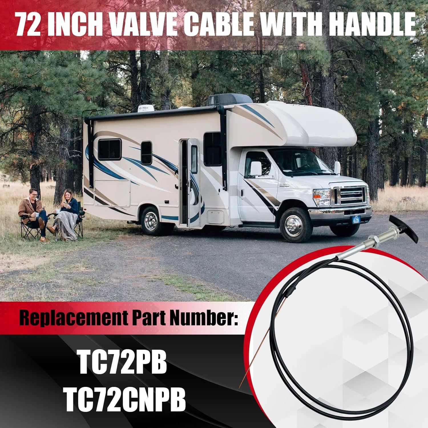 72 Inch Valve Cable with Handle Fit for Valterra Flexible Cable for LeSalle Bristols Valve for Sewer Dump Valve, Black Tank Valve and RV Holding Tank Valve Replace for TC72PB TC72CNPB