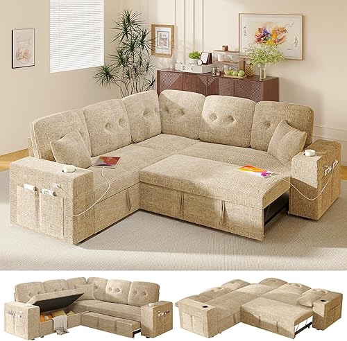 Miniatura 12 de Sofá cama modular modular con cama extraíble, sofás seccionales en forma de U de 7 asientos para sala de estar, sofá cama de 108 pulgadas con Gris