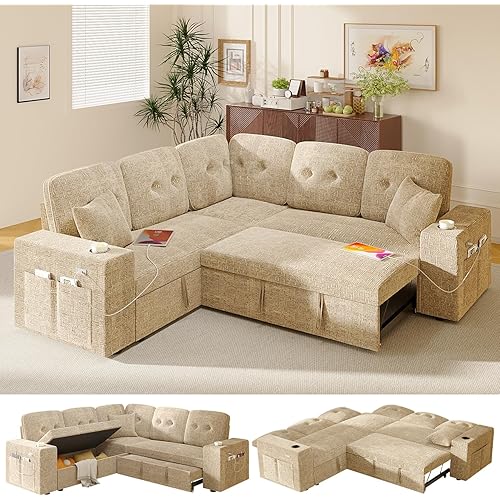Modular Sectional Sleeper Sofa with Pull Out Bed, L Shaped 5 Seat Sectional Couches for Living Room, 84 Inch Sofa Bed with Adjustable Backrest | Hidden Storage | Wide Armrest | Khaki